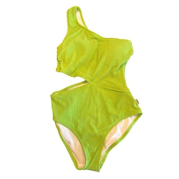 Michael Kors size 10 lime green one shoulder side cutout one piece swim suit - Picture 2 of 6